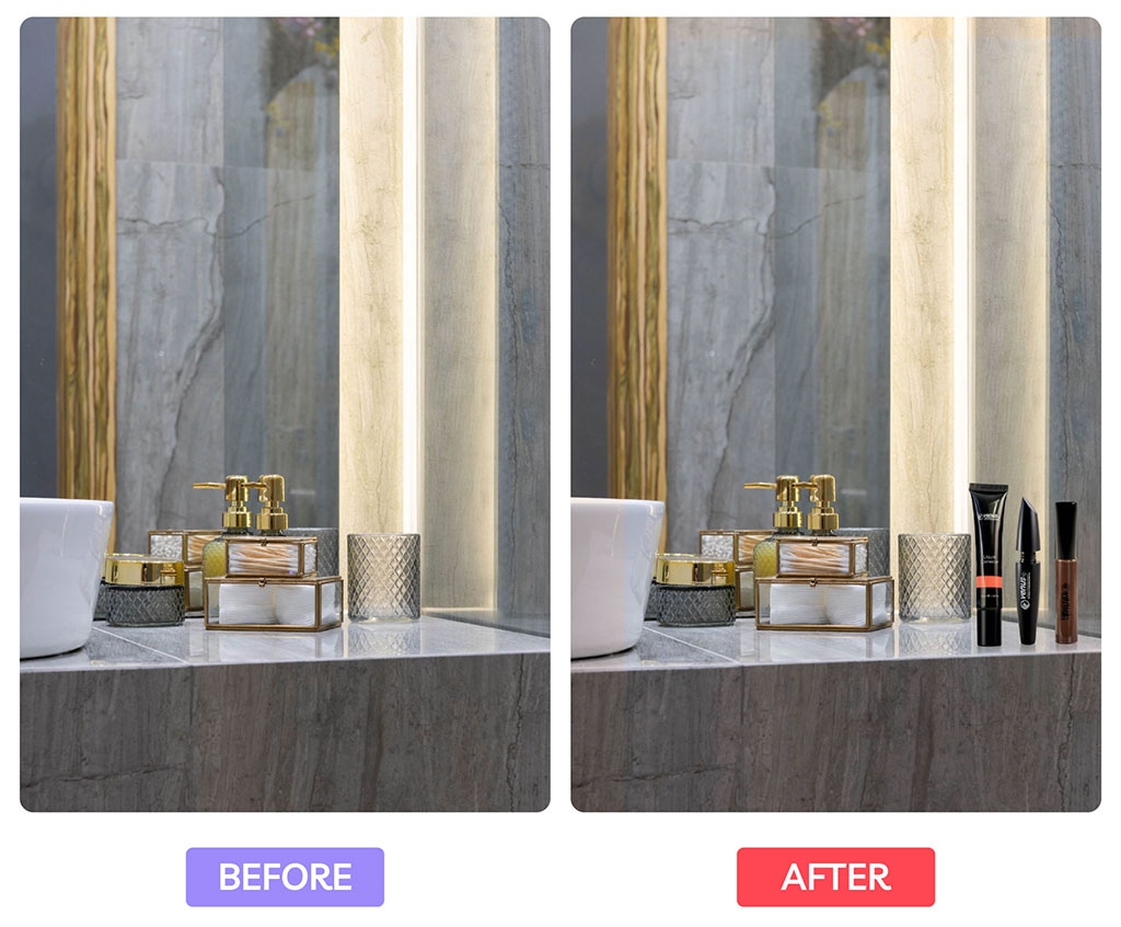 Before and after images of a bathroom vanity with added cosmetics, showing enhanced product arrangement and detail.