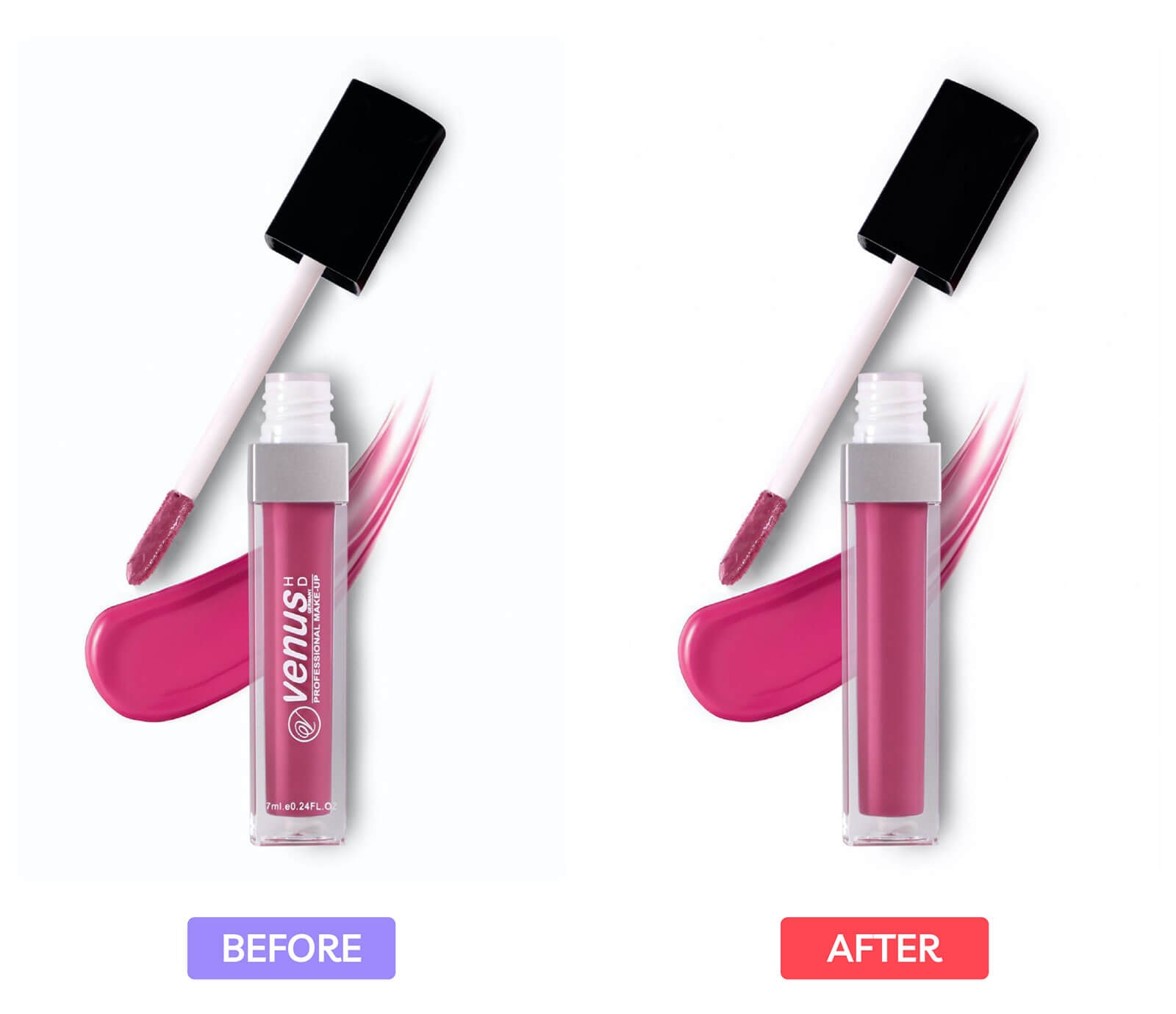 Venus HD lip gloss in pink with wand applicator and color swatches, before and after retouching.