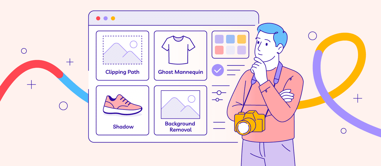 Illustrated comparison of photo editing services including clipping path, ghost mannequin, background removal, and shadow effects, with a photographer reviewing options on a Path-styled interface.