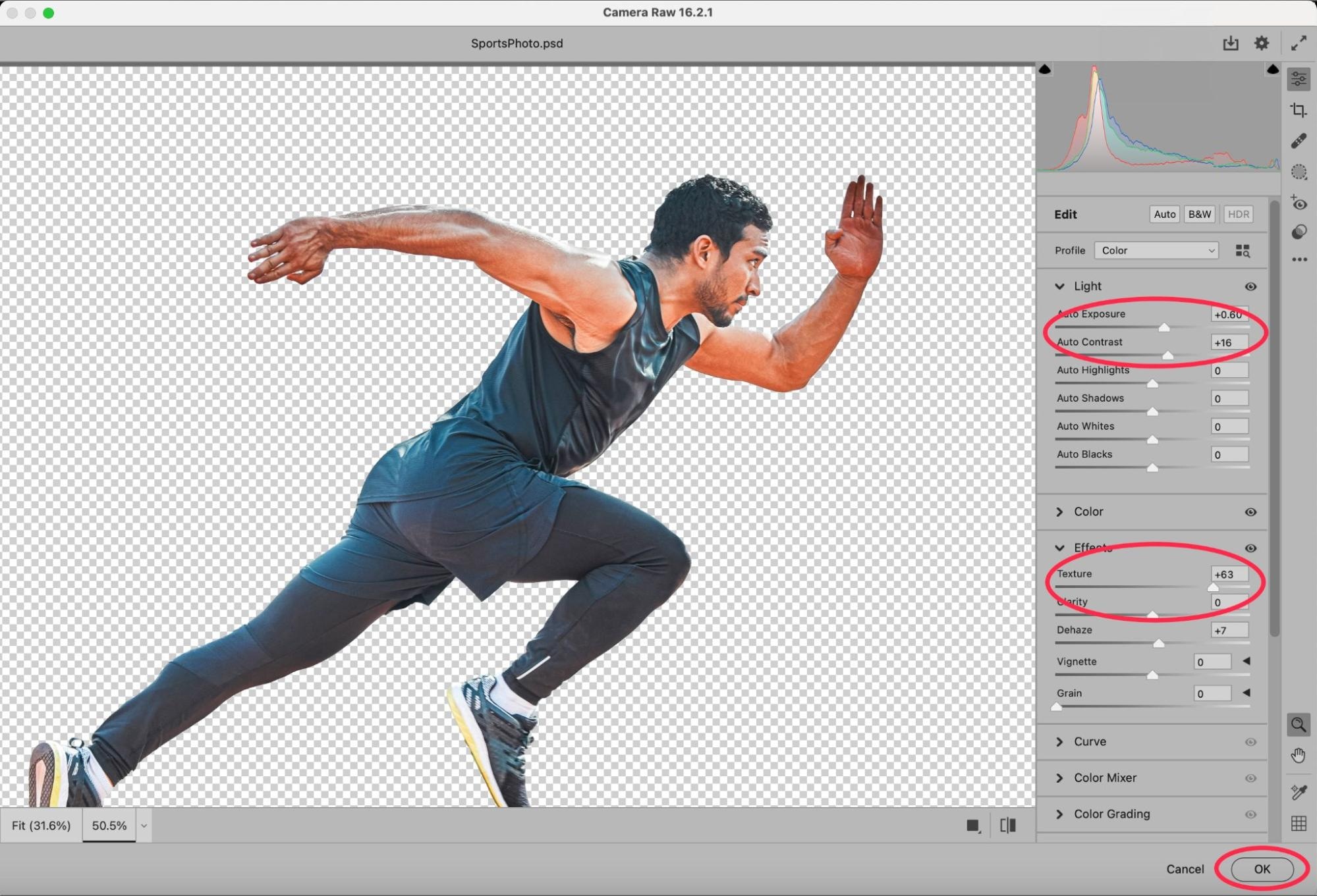 Adobe Camera Raw settings for isolated runner image on transparent background, with adjustments to exposure, contrast, and texture