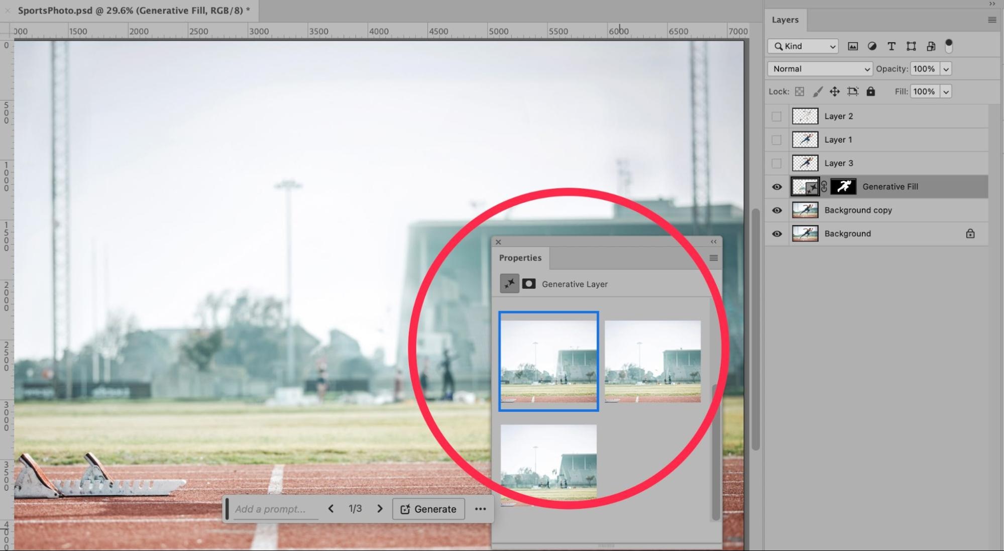 Adobe Photoshop Generative Fill tool applied for background editing, showing layer options and properties panel.