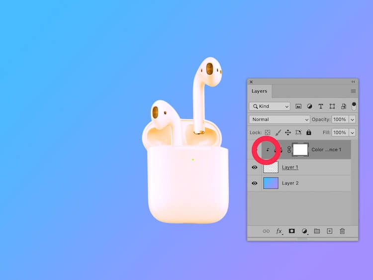 AirPods on a gradient background with Layers panel showing clipping mask applied to Color Balance adjustment layer