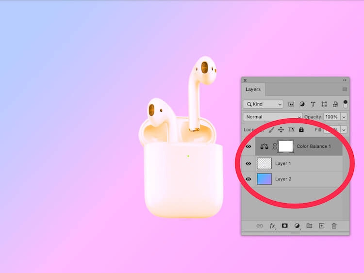 AirPods on a gradient background with Photoshop Layers panel showing Color Balance adjustment layer applied