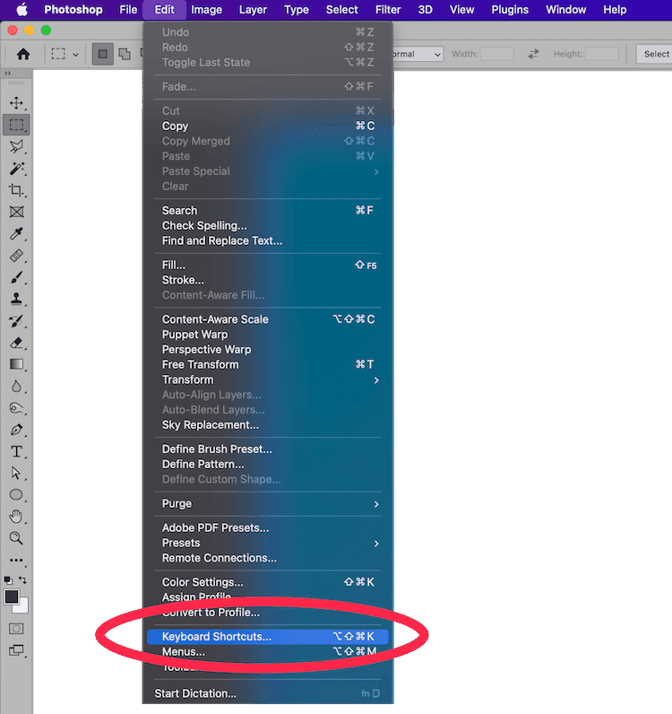 Photoshop Edit menu with Keyboard Shortcuts option highlighted, displaying shortcut keys on a macOS interface