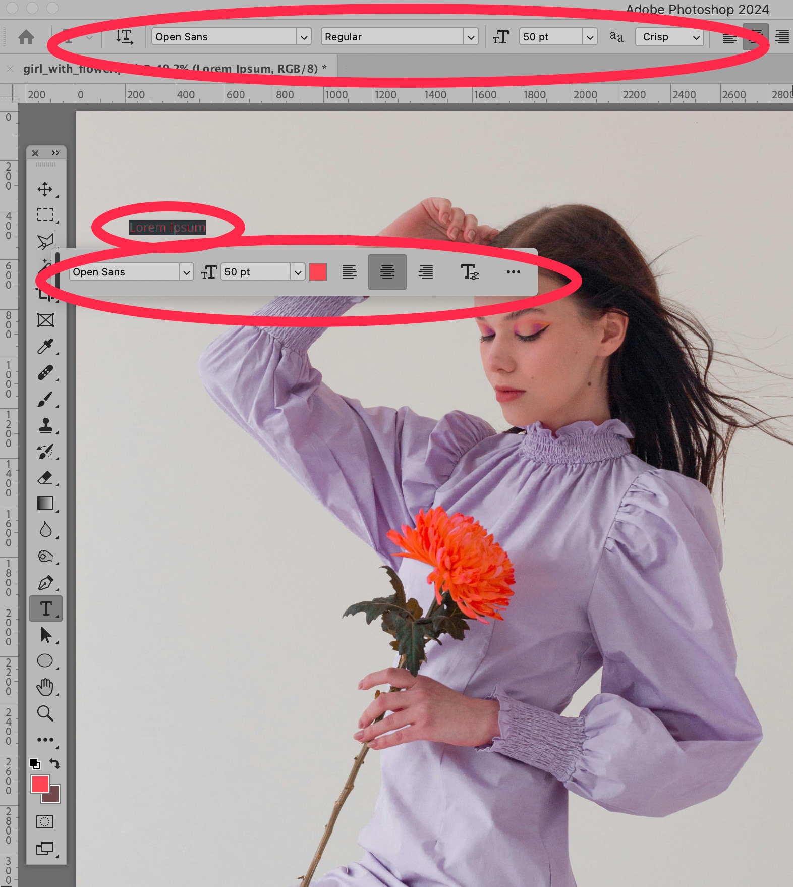 Photoshop text tool options bar displaying font, size, color, and alignment settings with text added to an image of a woman holding a flower