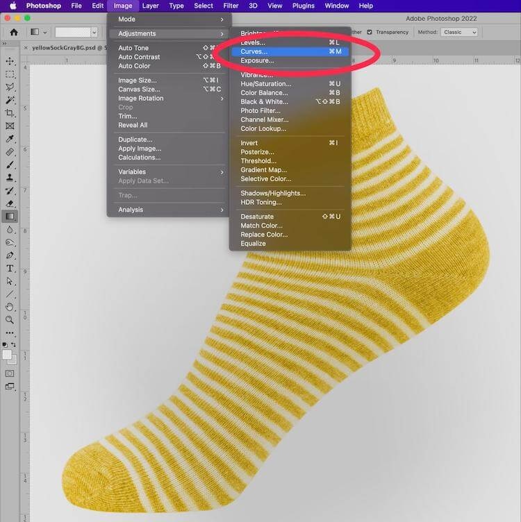 Photoshop Image menu with Curves adjustment option highlighted, applied to a yellow striped sock