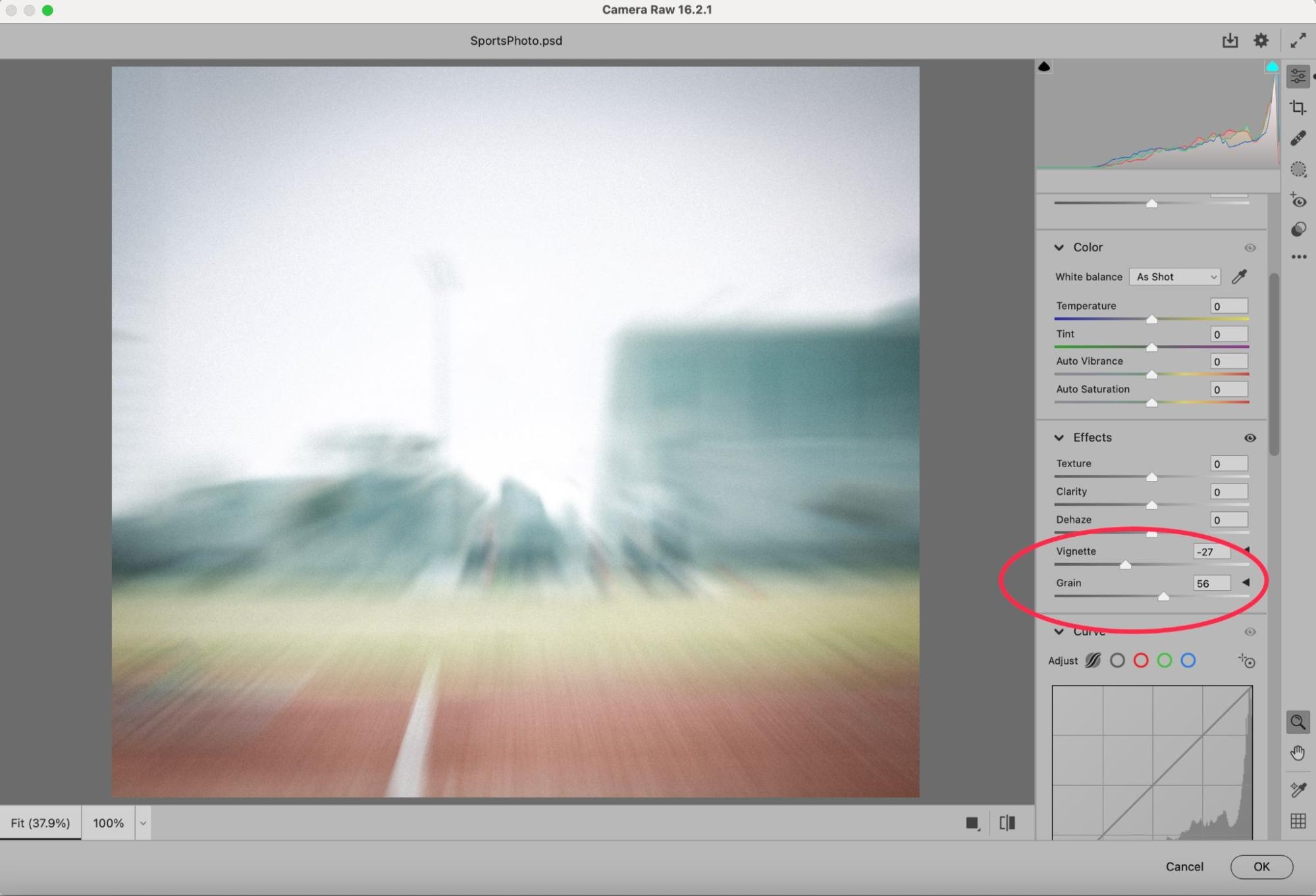 Adobe Photoshop Camera Raw editor showing vignette and grain adjustments on a blurred sports track background.