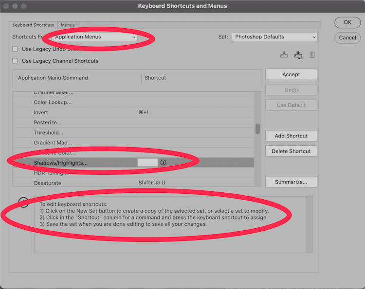 Photoshop Keyboard Shortcuts and Menus window with Application Menus, Shadows/Highlights, and customization instructions highlighted