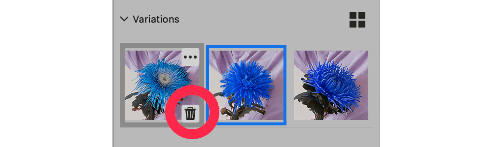 Photoshop interface showing Generative Fill variations with a trash icon highlighted to delete an unused version
