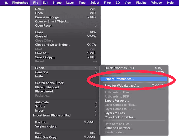 Photoshop menu with Export Preferences option highlighted under the Export submenu for customized export settings