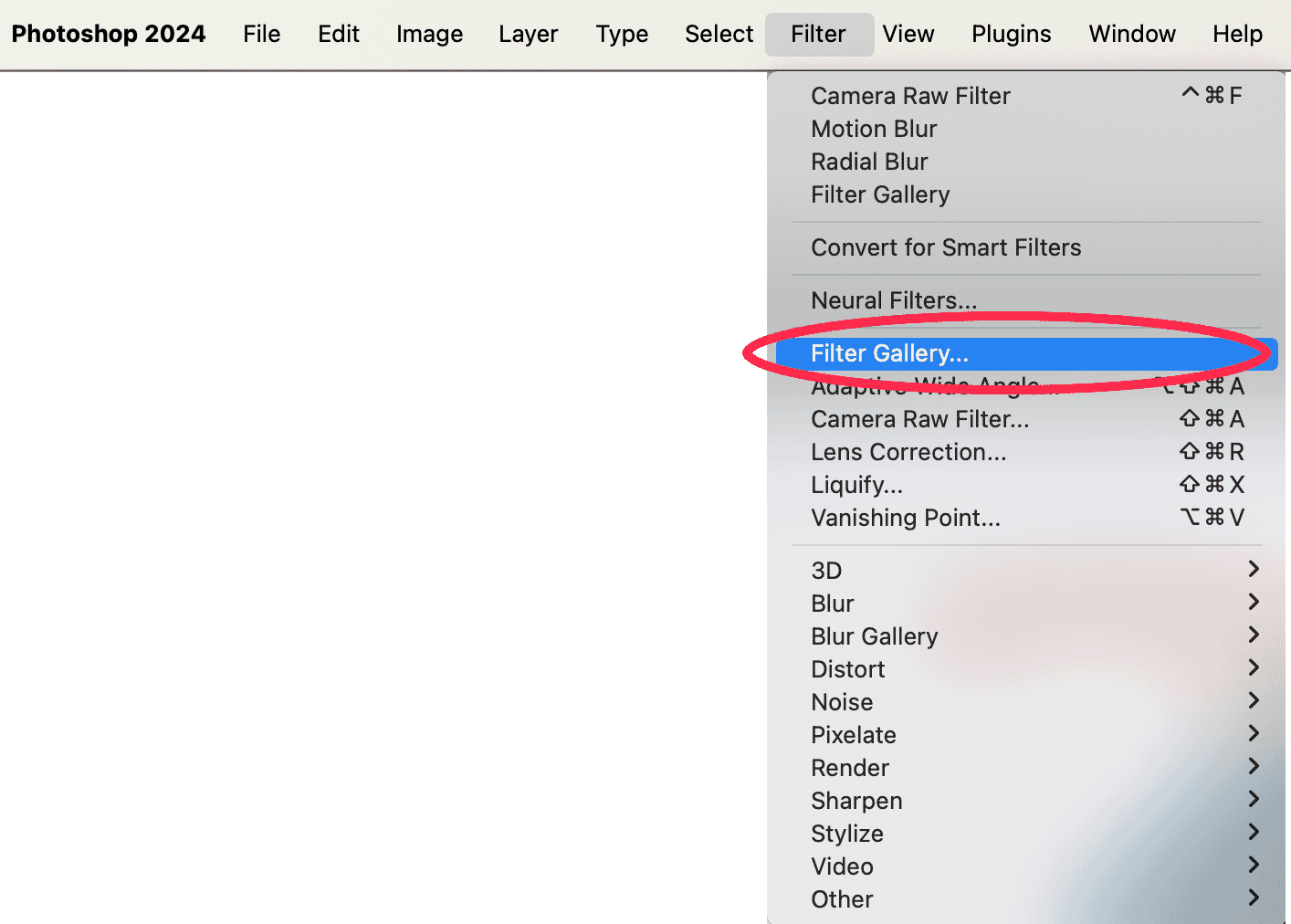 Photoshop 2024 interface with Filter Gallery option highlighted in the Filter menu dropdown