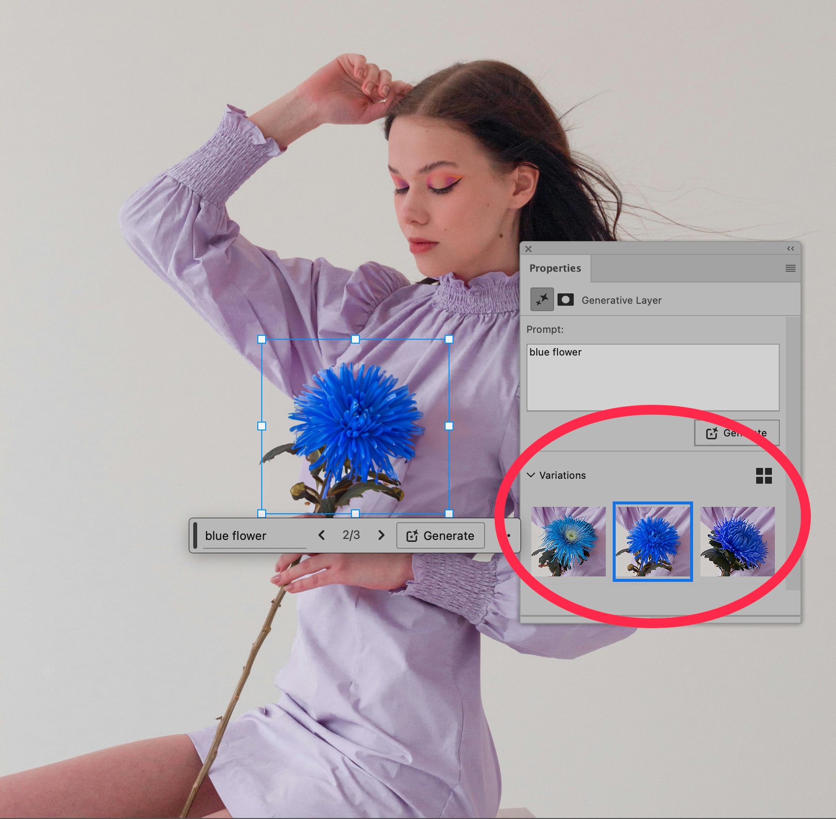Photoshop interface showing three Generative Fill variations of a flower turned blue, with a selected variation applied to the image