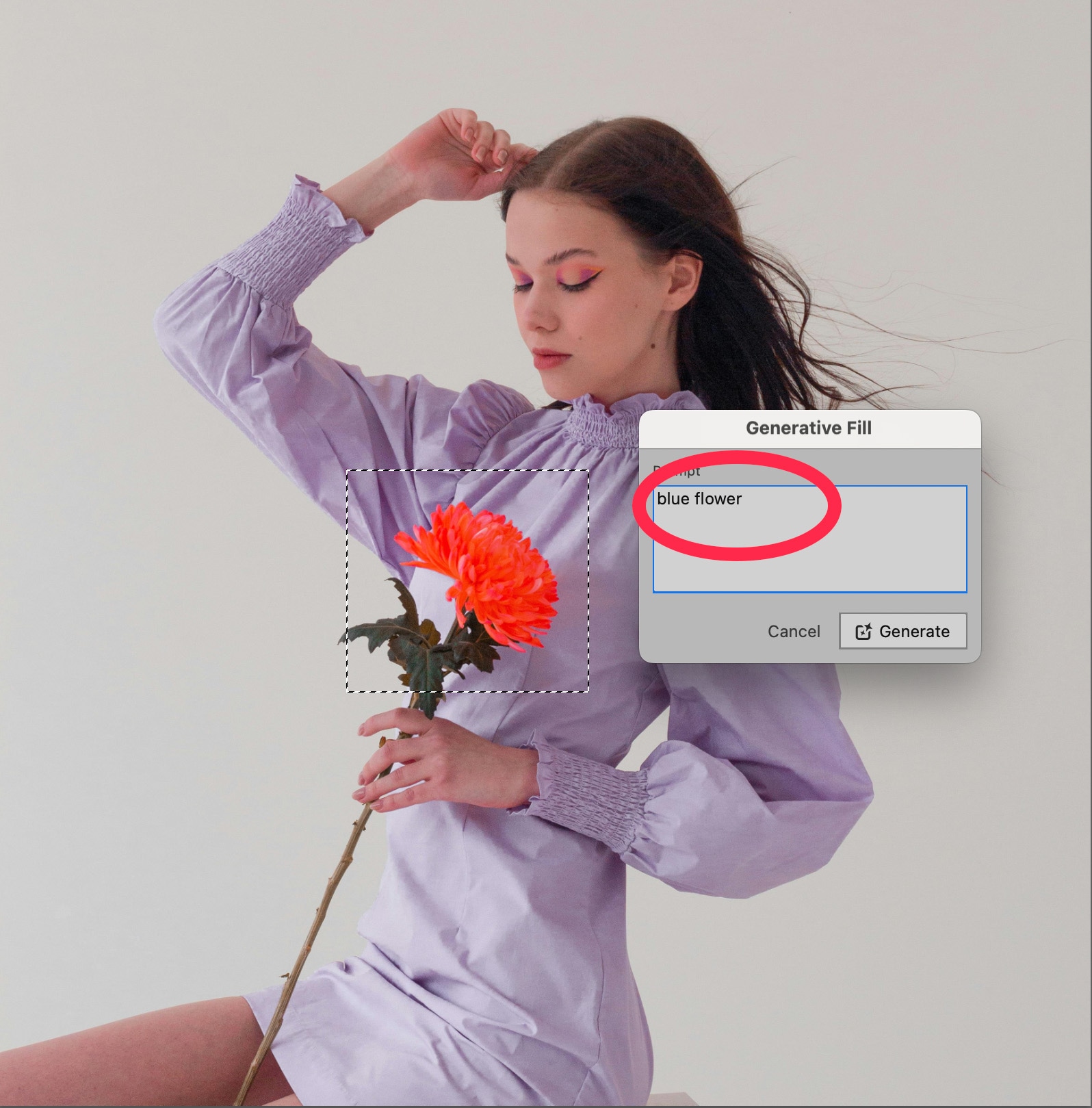 Photoshop Generative Fill prompt with “blue flower” typed in, to change the color of a selected flower held by a woman