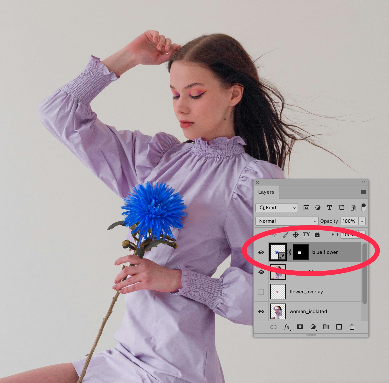 Photoshop interface showing a "blue flower" Generative Fill layer applied to an image of a woman holding a blue flower