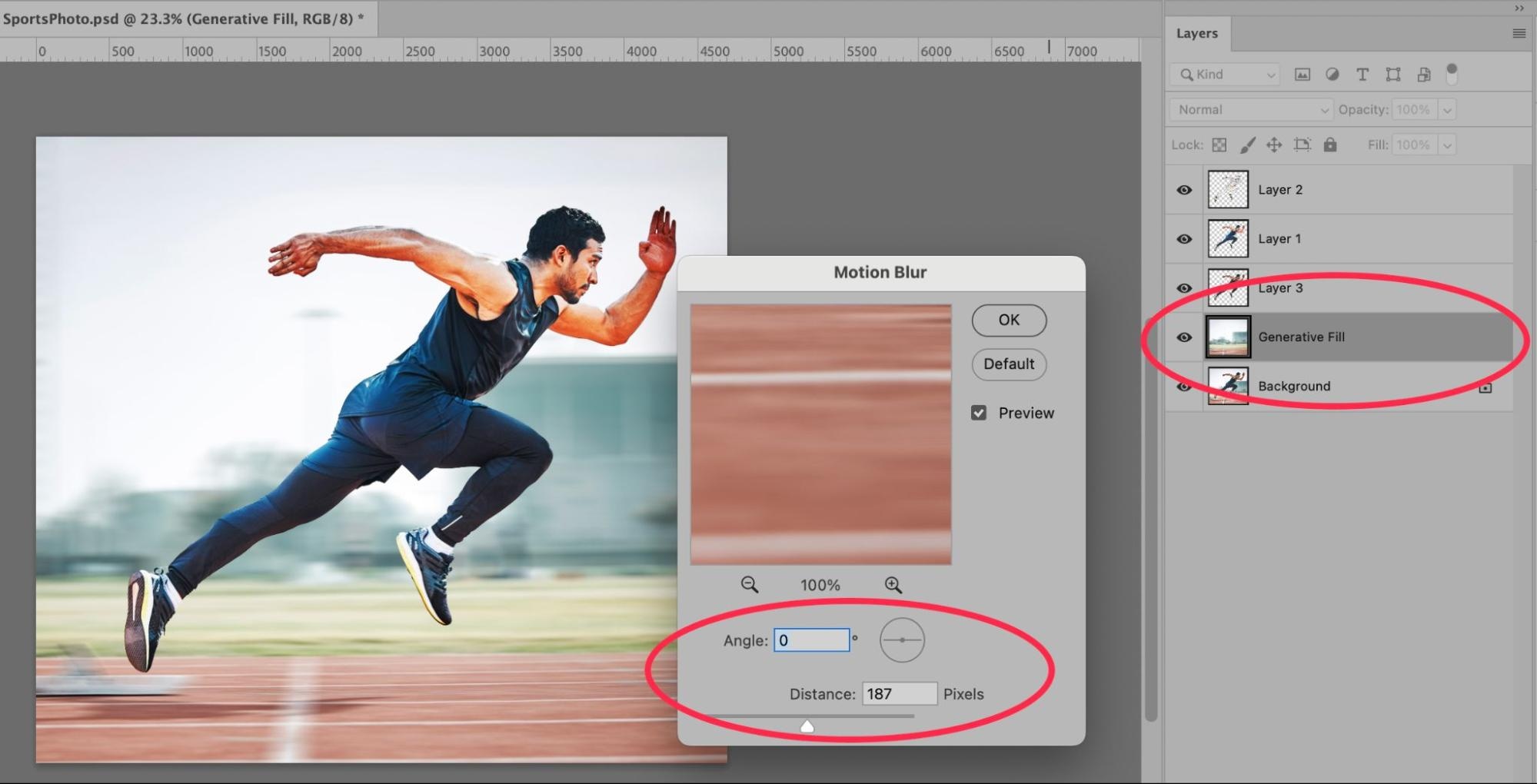 Adobe Photoshop interface showing Generative Fill and Motion Blur applied to an athlete running on track.