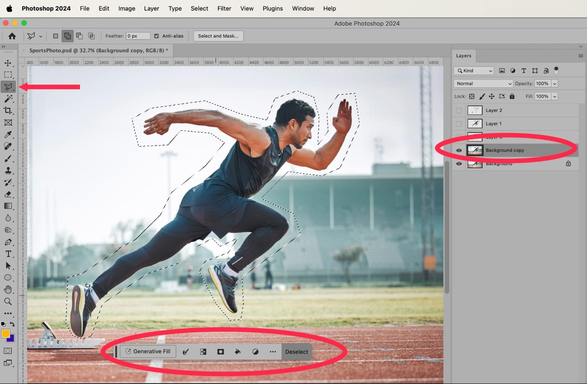 Athlete image in Photoshop with selection outline and Generative Fill tool options, showing duplicate background layer