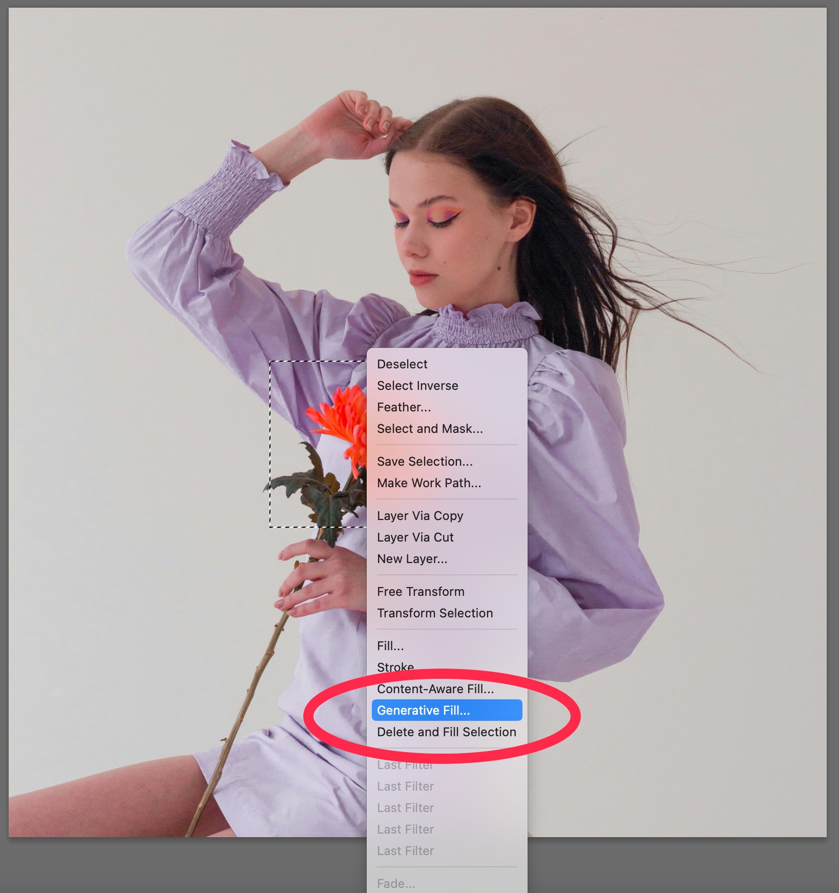 Photoshop context menu highlighting Generative Fill option on selected area of a woman holding a flower.