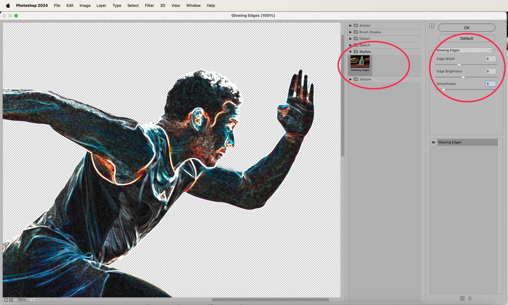 Photoshop 2024 interface showing the Glowing Edges filter with edge width, brightness, and smoothness settings applied to an athlete's image