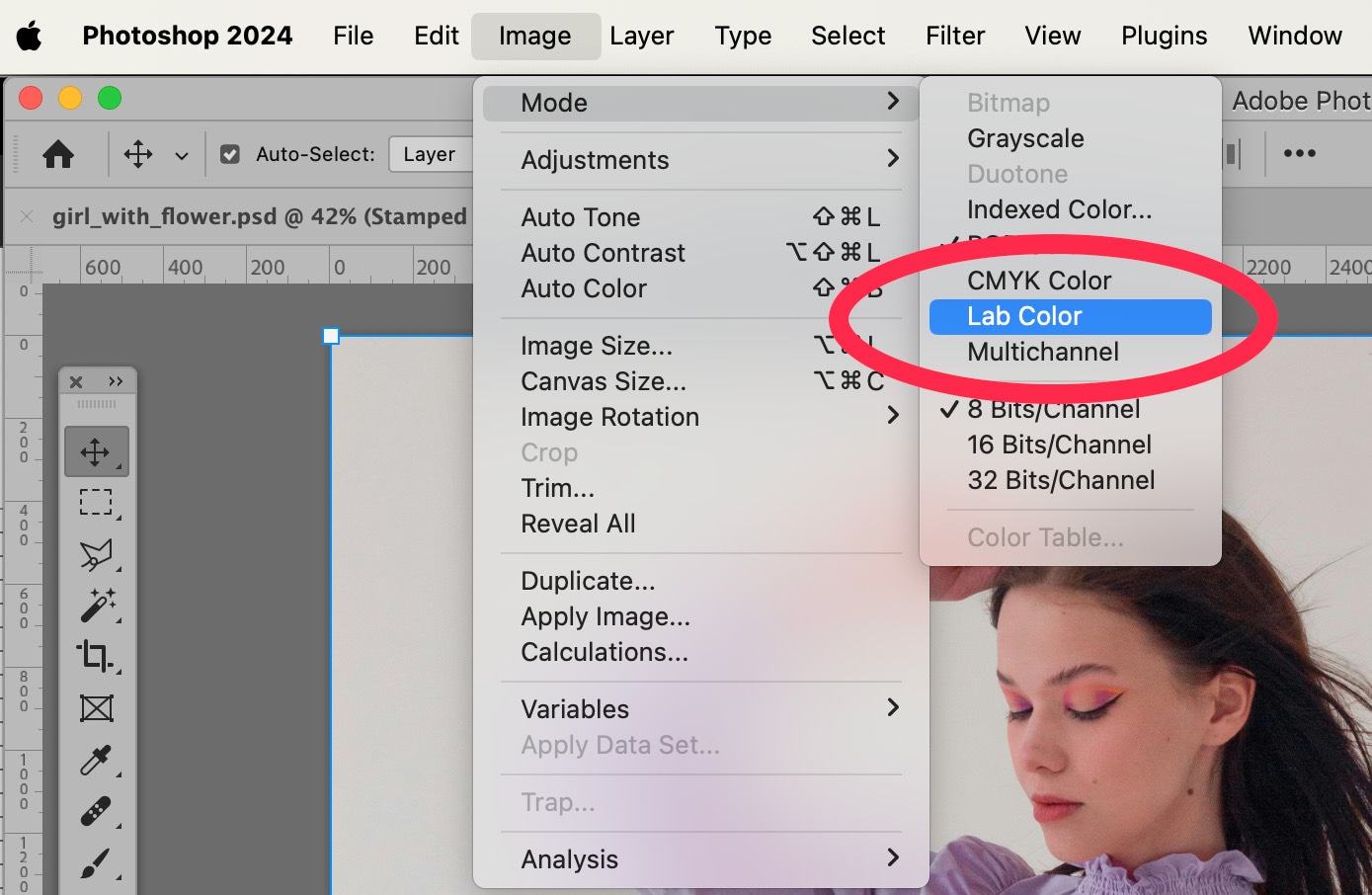 Photoshop interface showing "Image" menu with "Lab Color" mode highlighted for color mode conversion