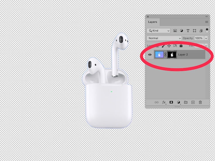 AirPods with transparent background shown in Photoshop Layers panel, with layer mask icon highlighted