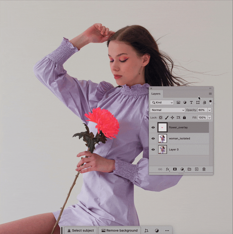 Woman in lavender dress with pink flower overlay, Photoshop layer panel open for mask and opacity adjustments.