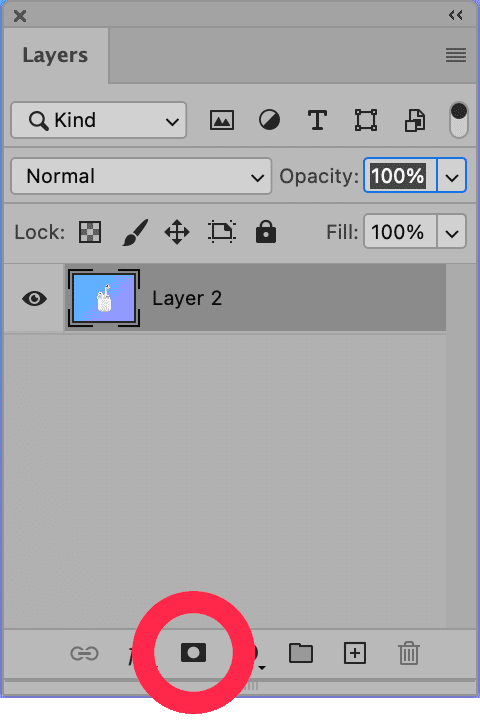 Photoshop Layers panel with red circle highlighting the "Add Layer Mask" icon at the bottom for quick masking