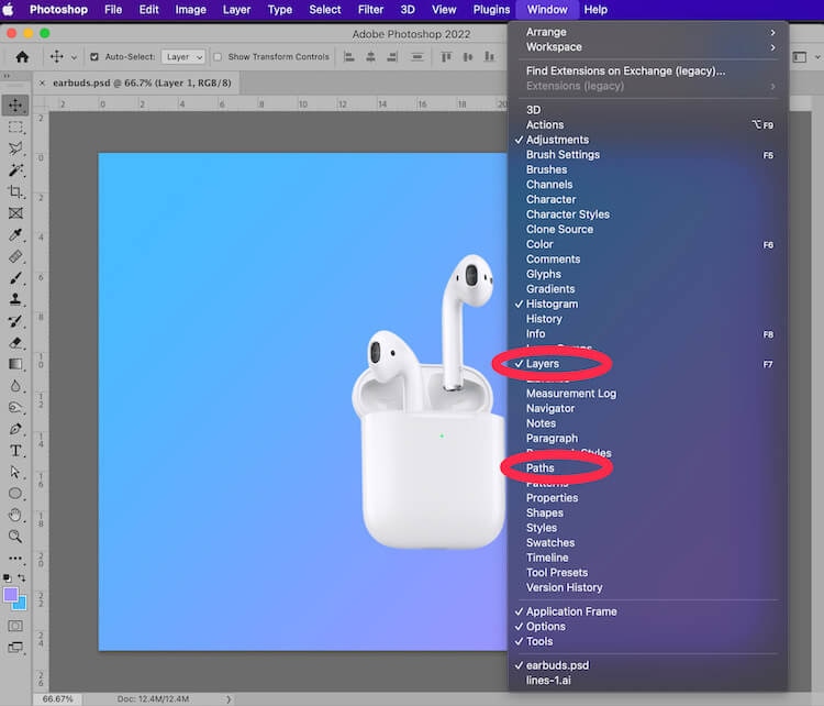 Photoshop interface with Layers and Paths panels selected from the Window menu for clipping path setup