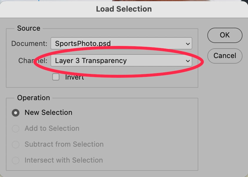Load Selection dialog box in Photoshop showing options to select document, channel, and operation, with "Layer 3 Transparency" selected