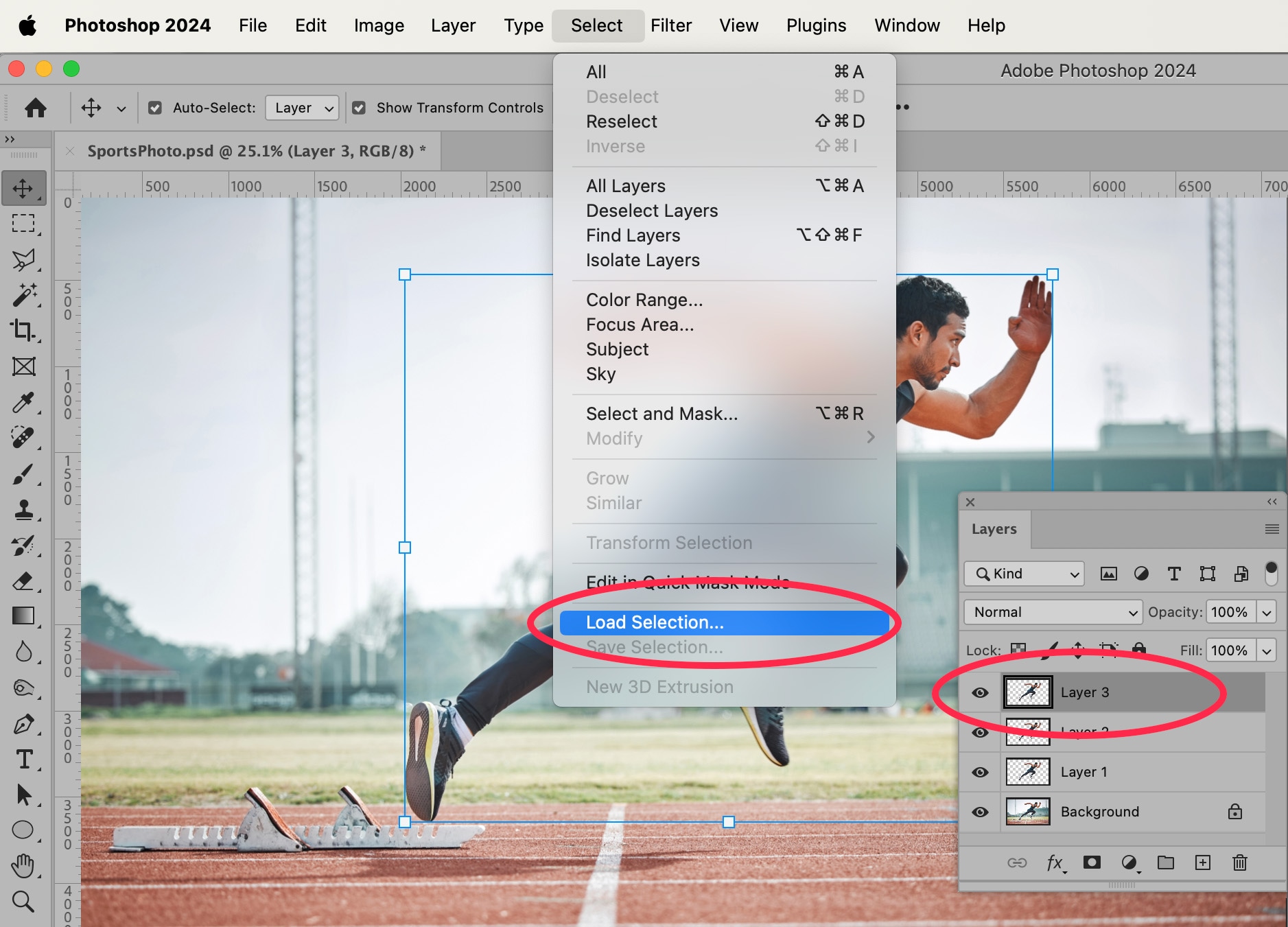 Photoshop interface showing the "Load Selection" option in the "Select" menu and multiple layers in the Layers panel for editing a runner image