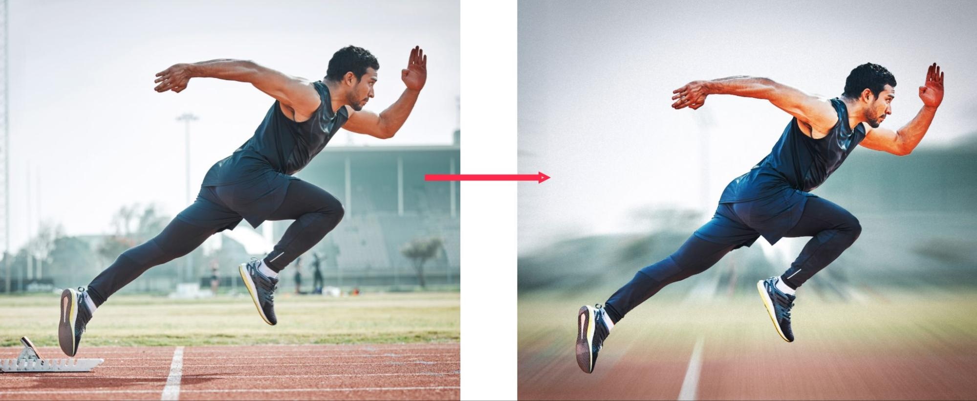 Before and after comparison of an athlete running, with motion blur effect applied to create dynamic movement.