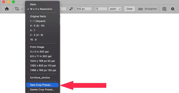 Photoshop crop settings menu with “New Crop Preset” option highlighted under W x H x Resolution dropdown