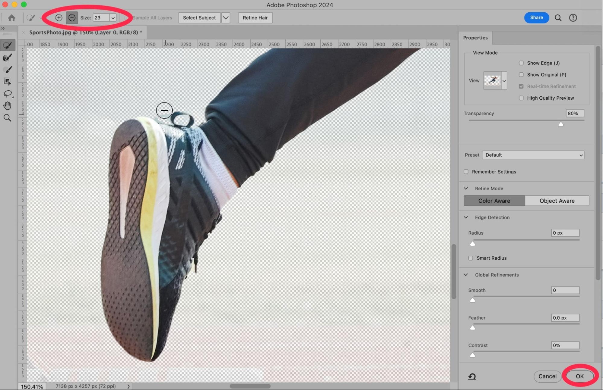 Close-up in Photoshop showing the Refine Edge properties for selecting a sneaker, with transparency settings and object-aware refinement options