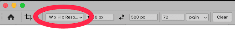 Photoshop Options bar with W x H x Resolution setting selected in the first dropdown for custom dimensions