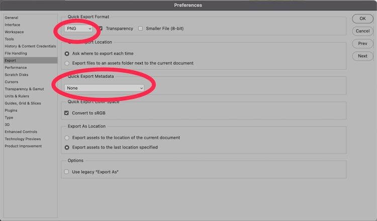Photoshop Preferences panel showing Quick Export Format set to PNG and Quick Export Metadata set to None