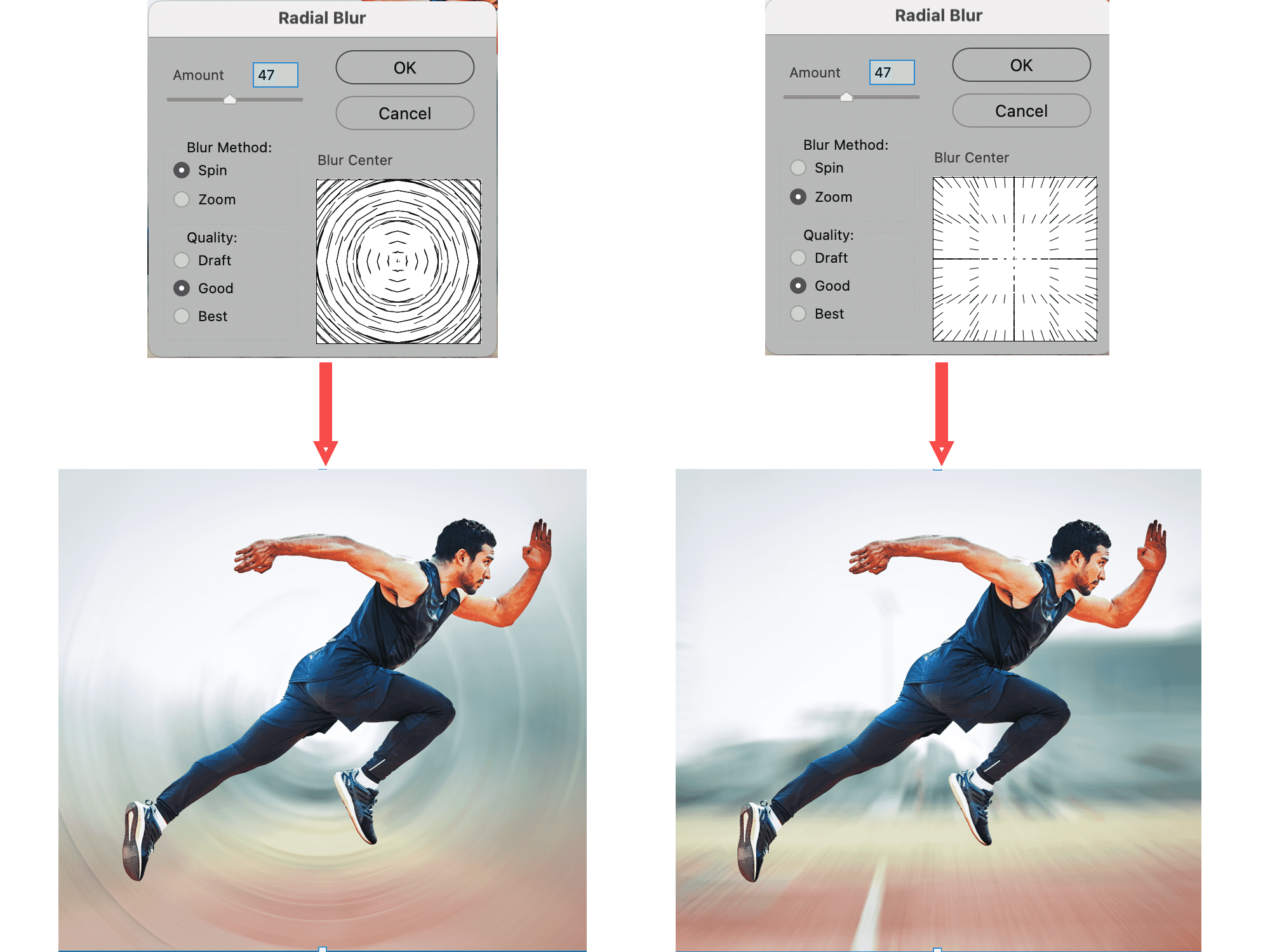 Comparison of radial blur settings in Adobe Photoshop applied to an athlete running, showing spin and zoom effects.