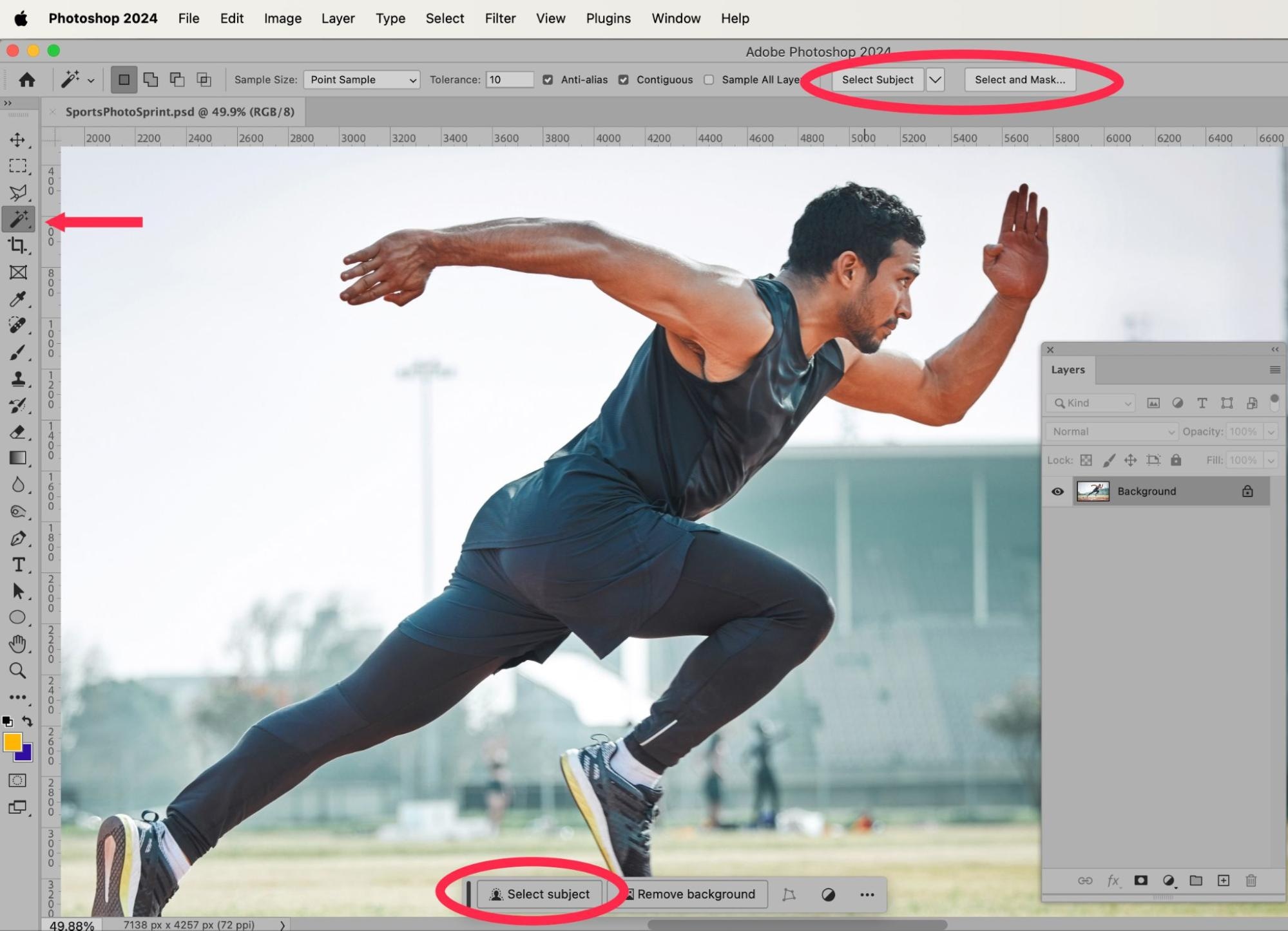 Photoshop interface highlighting the Select Subject and Select and Mask tools with an athlete in mid-sprint on a track field background