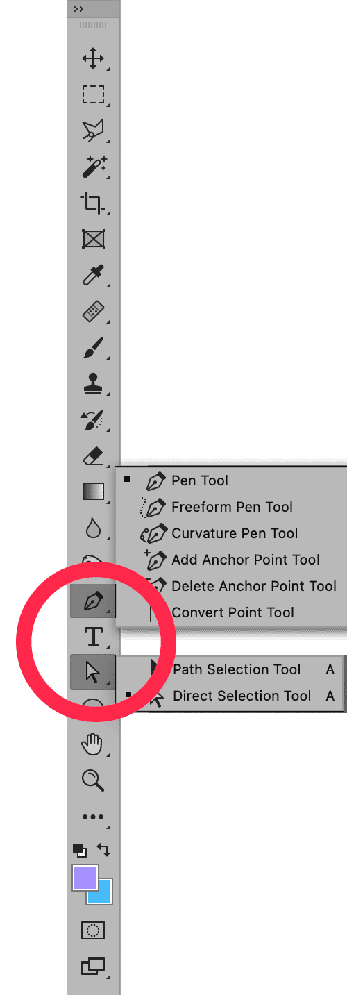 Photoshop toolbar showing Pen tool and Direct Selection tool options for creating clipping paths