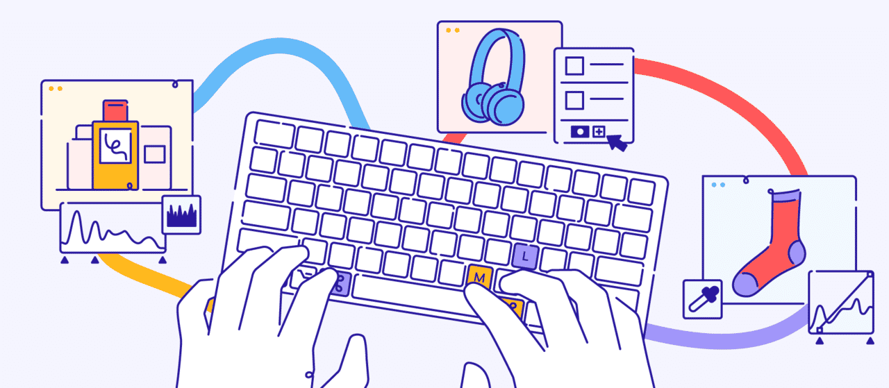 Illustration of hands on keyboard with editing icons for Photoshop shortcuts in clipping path and photo editing tasks.