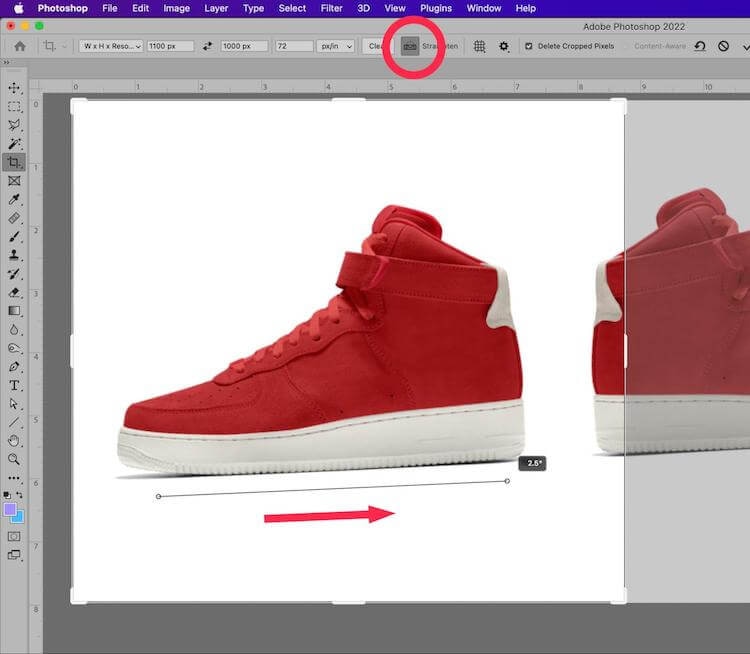 Photoshop straighten tool applied to align a red sneaker image with a straight reference line