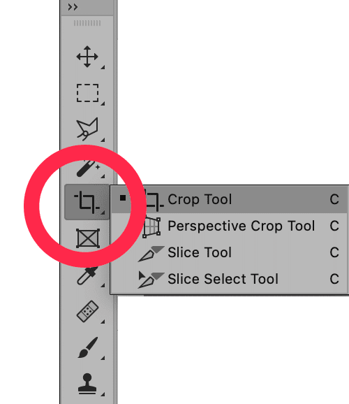 Photoshop Toolbar with Crop Tool and options for perspective crop, slice, and slice select highlighted