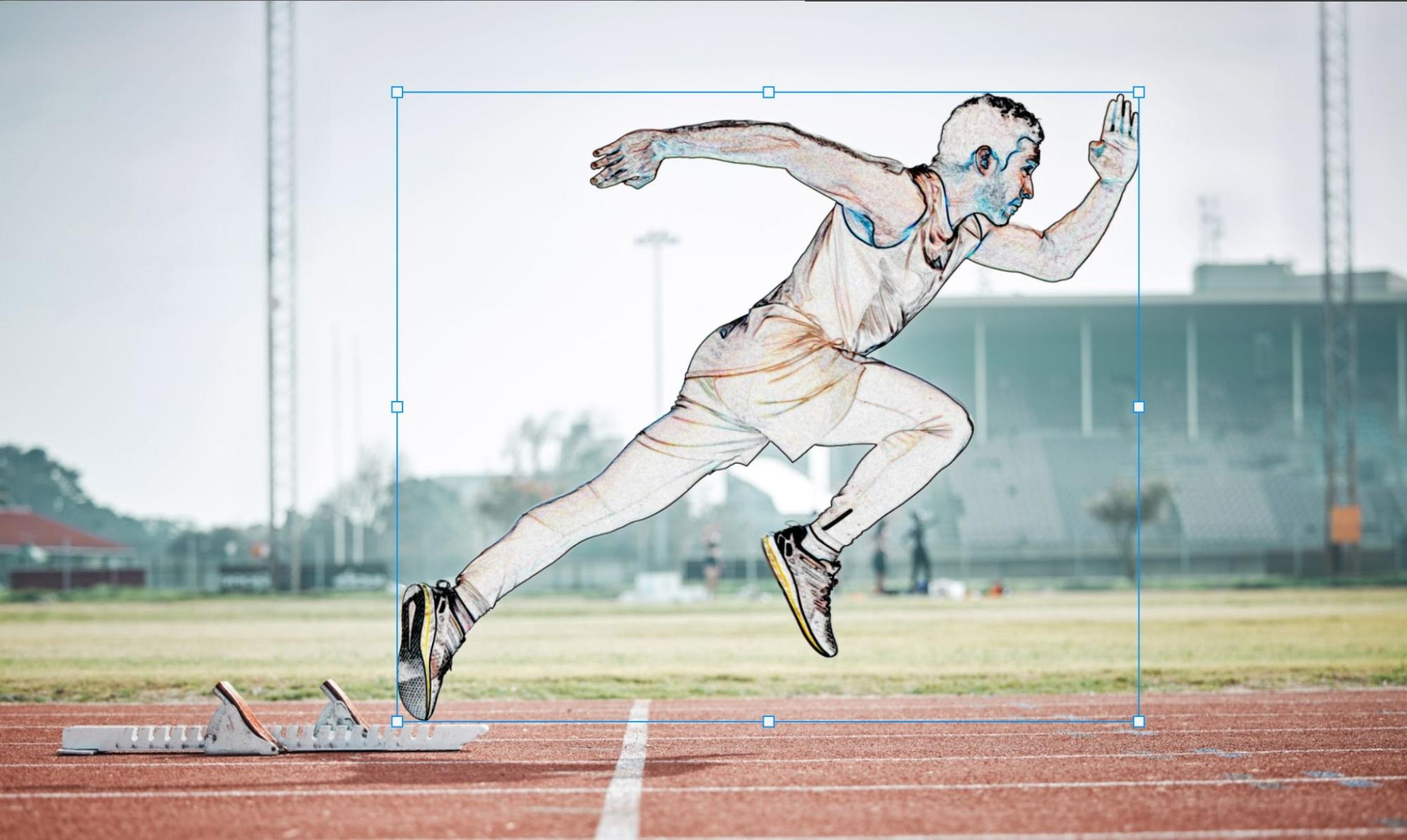 Athlete sprinting on track with an inverted sketch effect overlay applied, highlighting the runner's form and movement