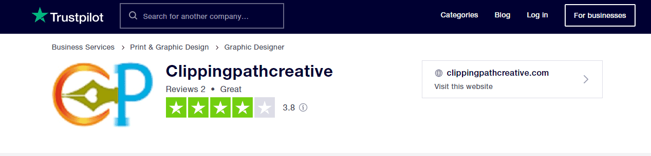 Trustpilot rating for Clipping Path Creative with a 3.8-star score from 2 reviews in graphic design services.