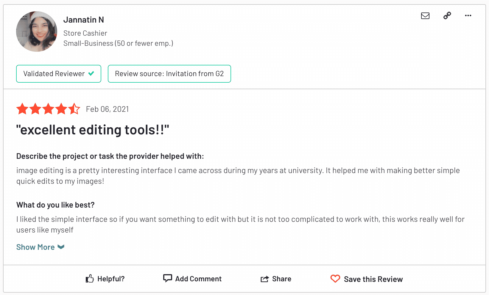 G2 review praising image editing tools, highlighting simple interface for quick edits by a small business user.