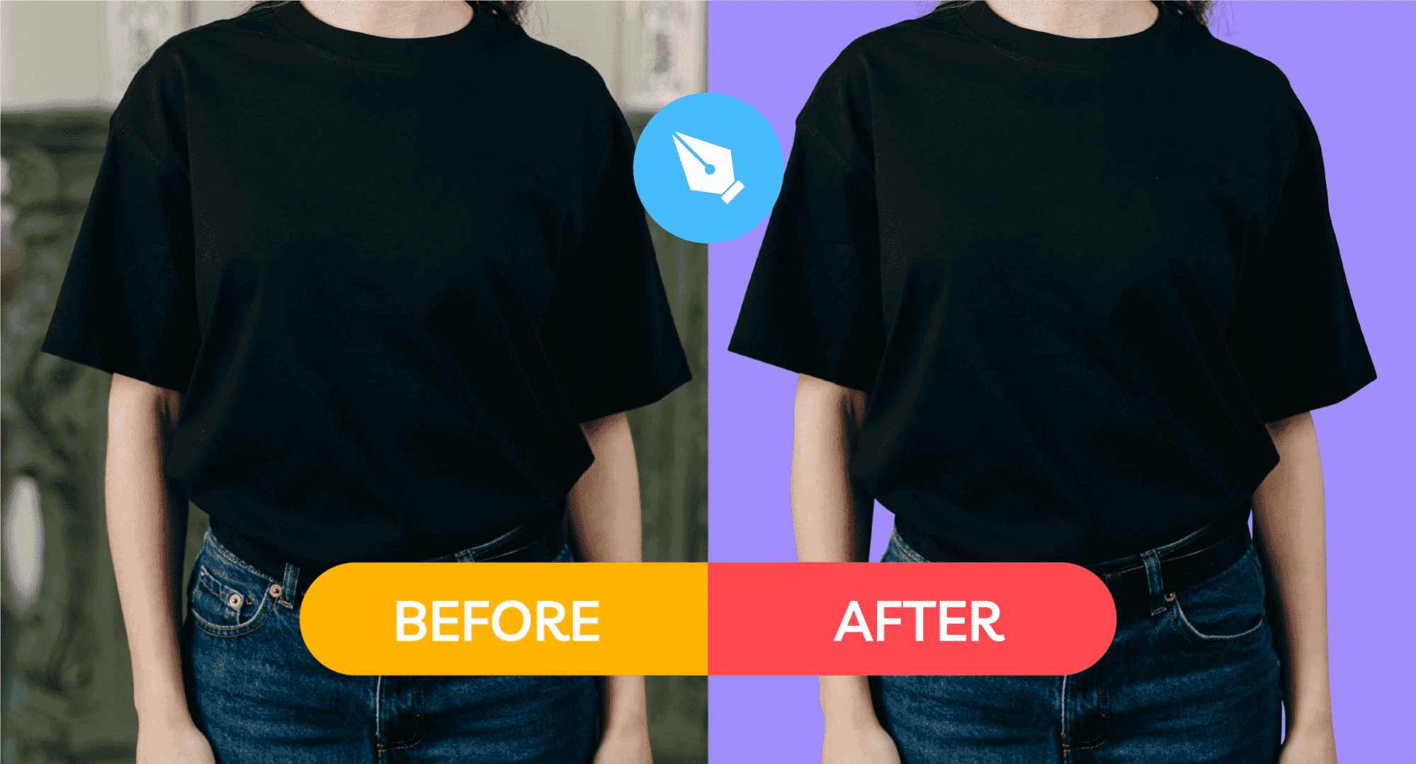 Comparison of black T-shirt before and after editing, with improved lighting and background change.