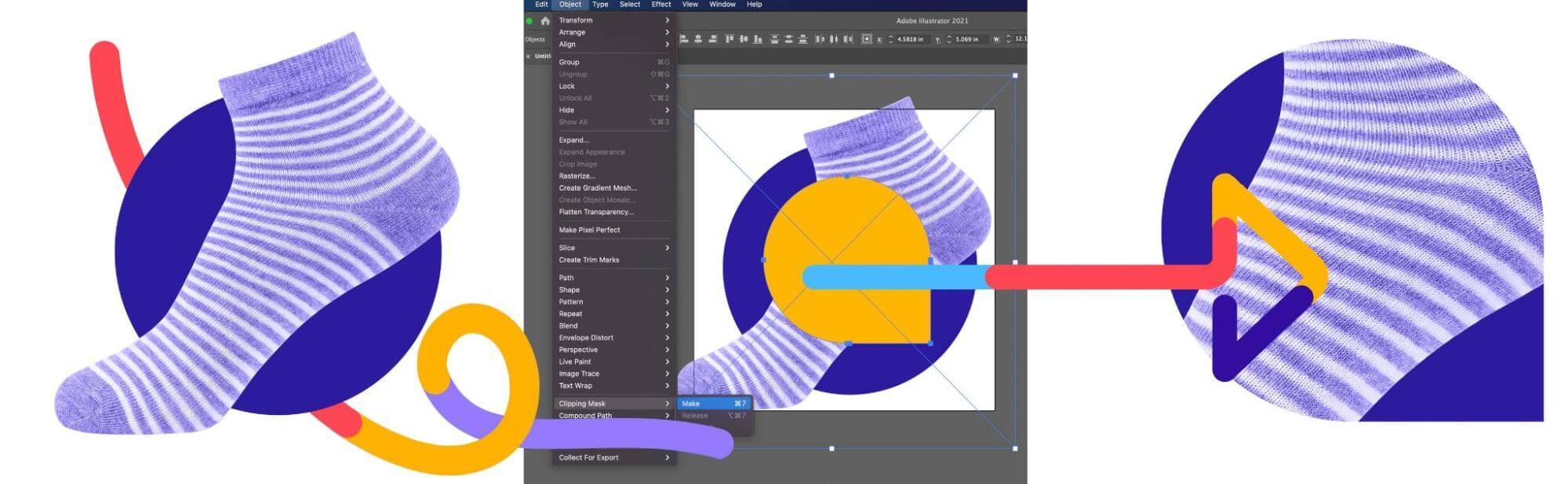 Illustrator interface showing clipping mask applied to a striped sock design with colorful abstract shapes