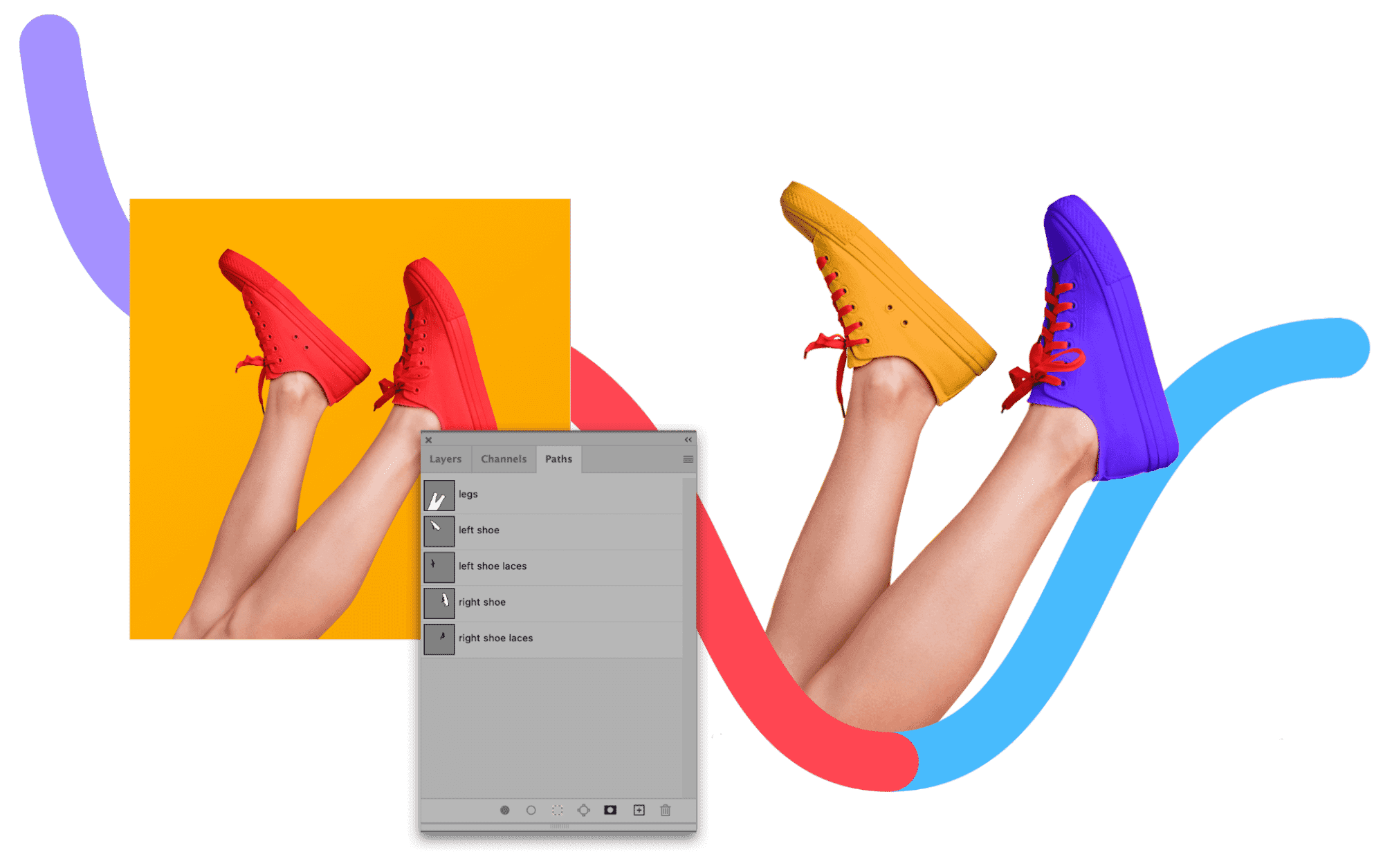 Color variations on sneakers using clipping paths, with layer panel showing separated paths for each shoe and laces