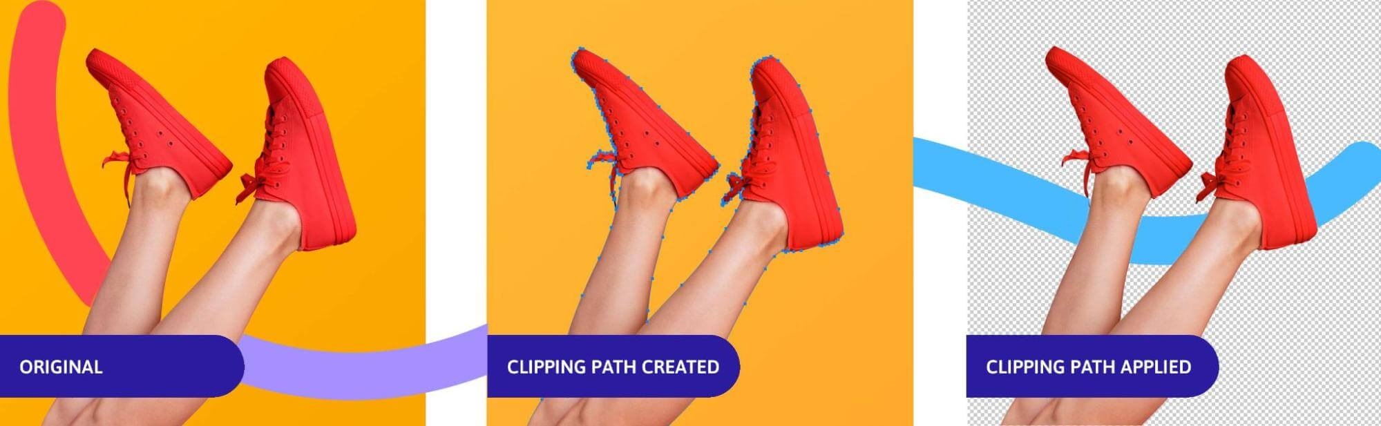 Three-step clipping path process on red sneakers, from original to path creation and final cutout with transparent background.