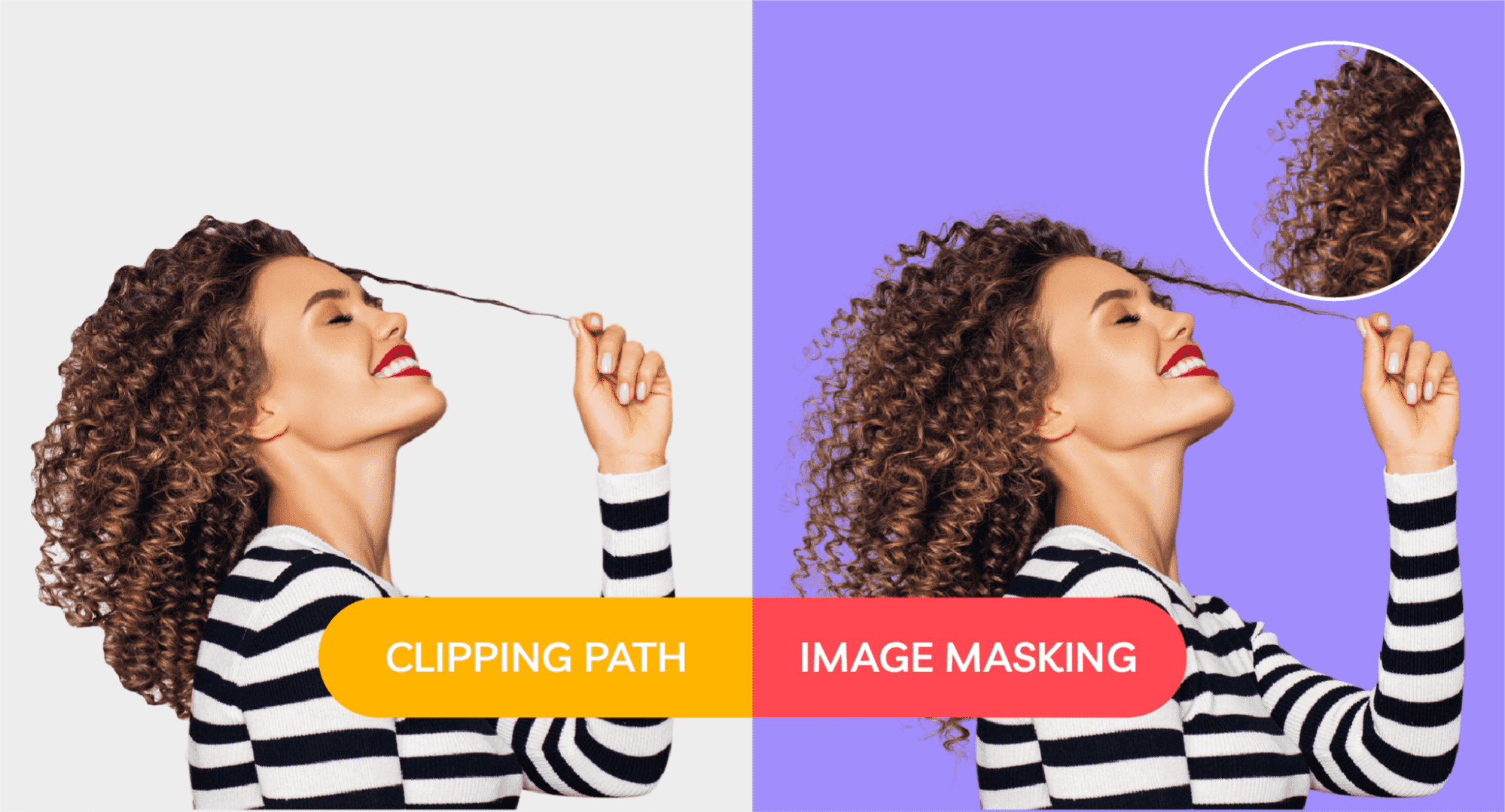 Side-by-side comparison of clipping path and image masking on curly hair selection against white and purple backgrounds.