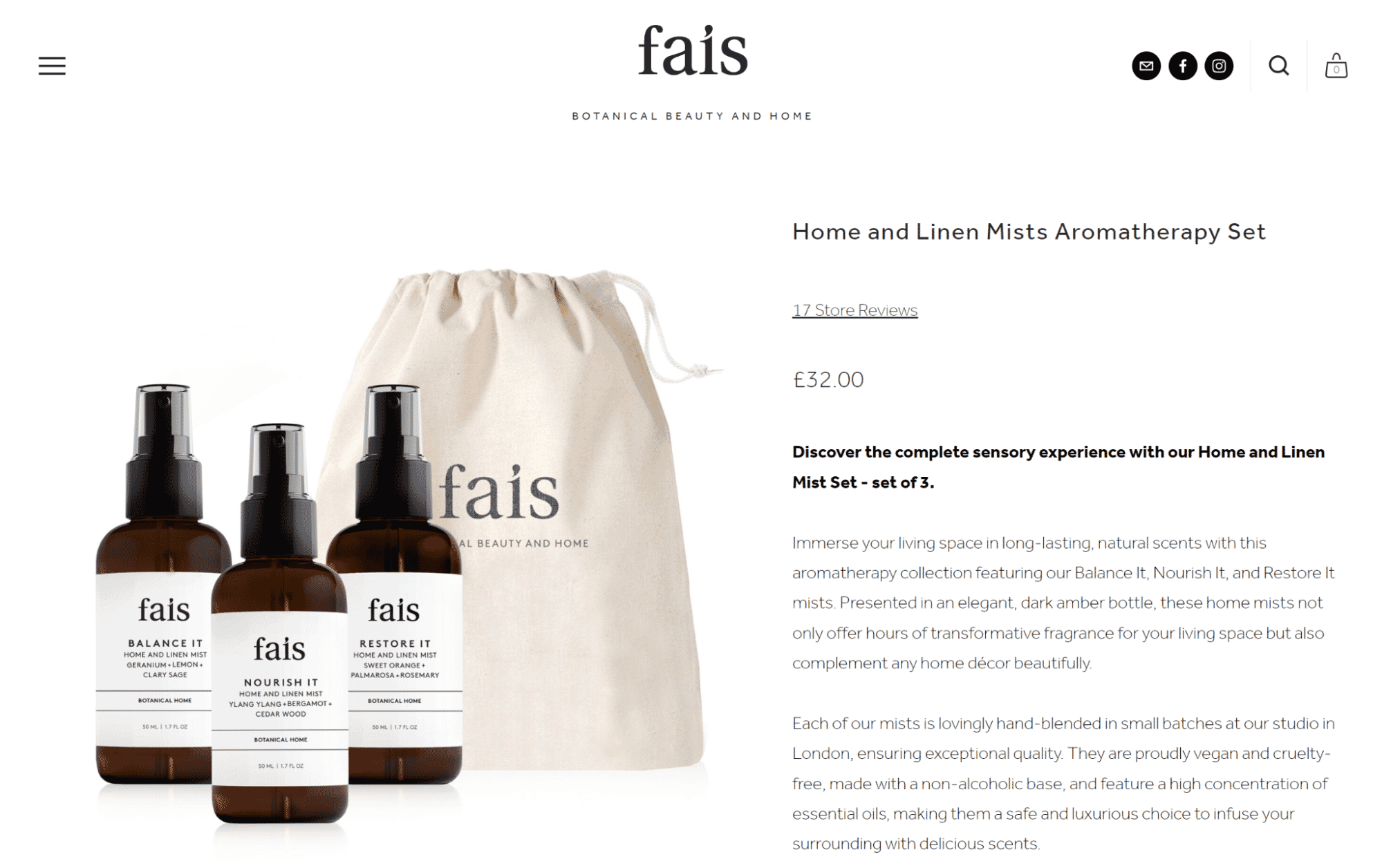 Fais Home and Linen Mists Aromatherapy Set with Balance It, Nourish It, and Restore It sprays and cotton bag.