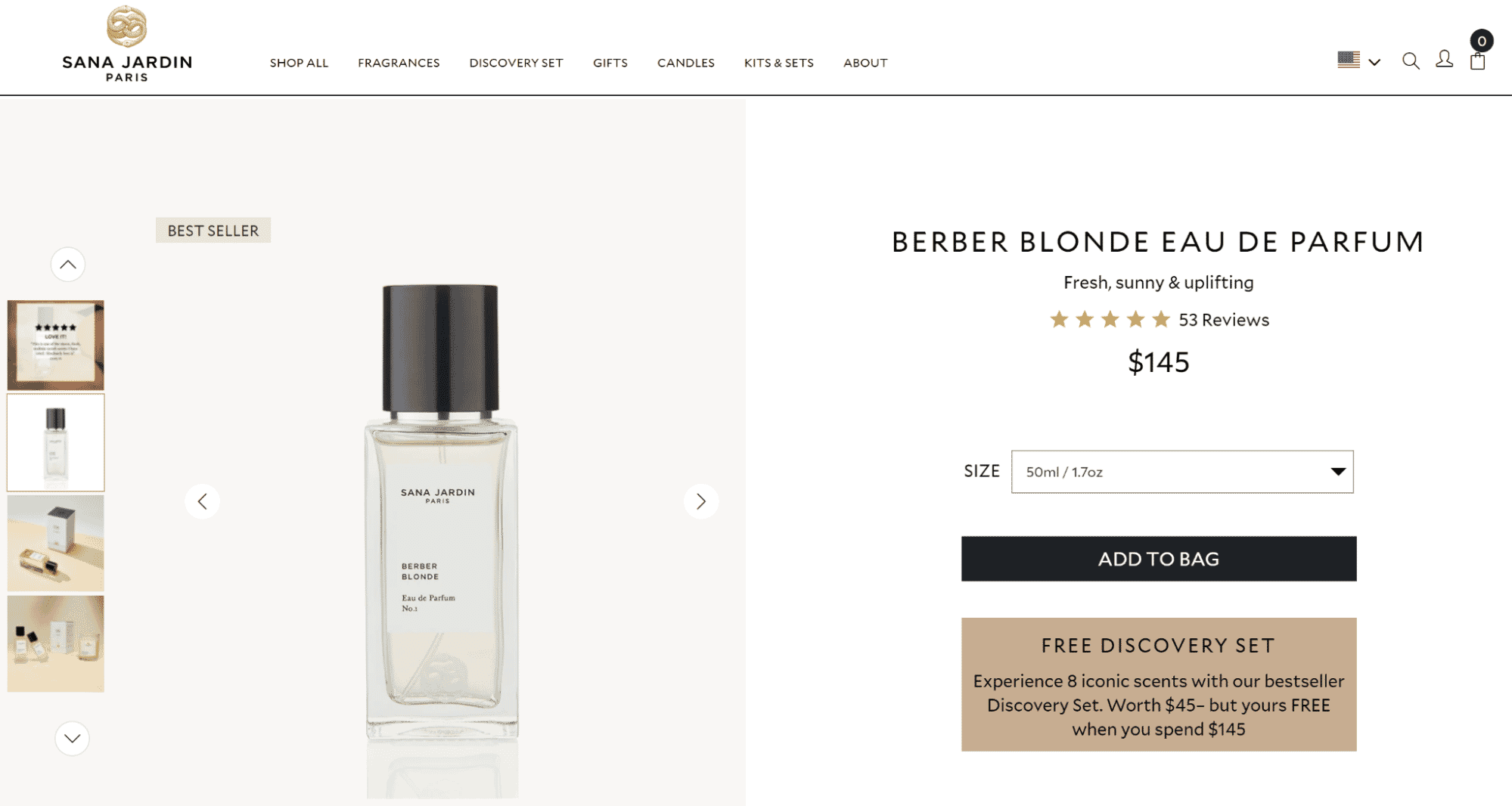 Product page for Sana Jardin's Berber Blonde Eau de Parfum, showing a 50ml bottle priced at $145 with 5-star reviews